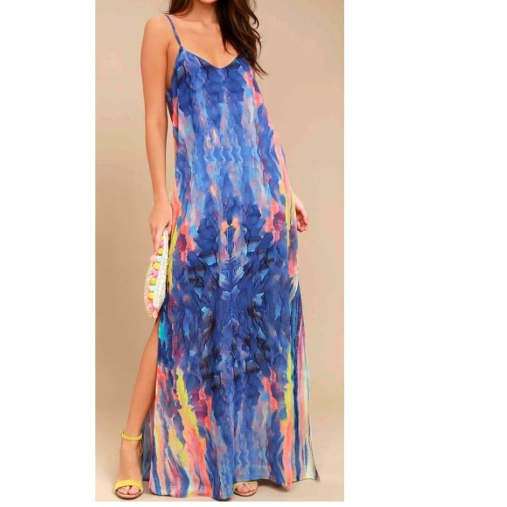 Lulus Flying Watercolors Royal Blue Print Maxi Dress - Size S - SOLD